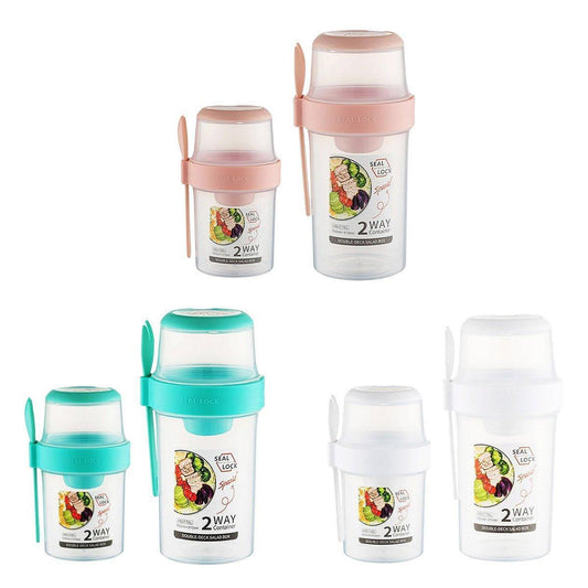 Double Plastic Salad Cup with Fork Sealed Breakfast Container for On-the-Go Meal - 760ml-Pink.