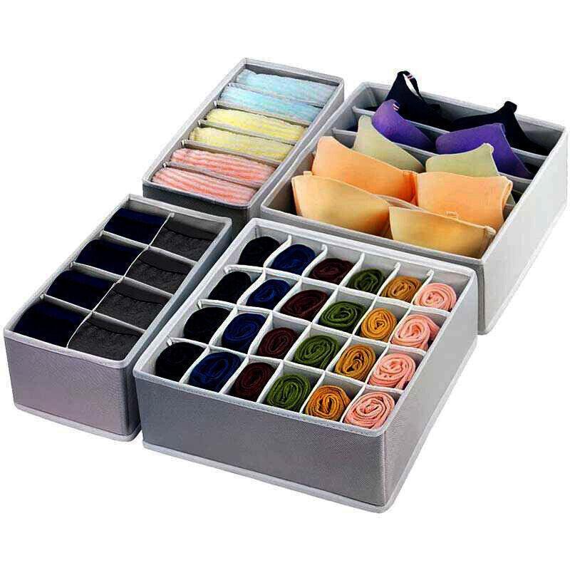 Drawer Organizer Set Foldable Storage Box Divider for Bra Underwear Closet 4pcs - Beige.