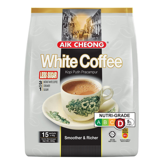 Aik Cheong White Instant Coffee 40g Sachets (Pack of 15) - Less Sugar (600g Total).