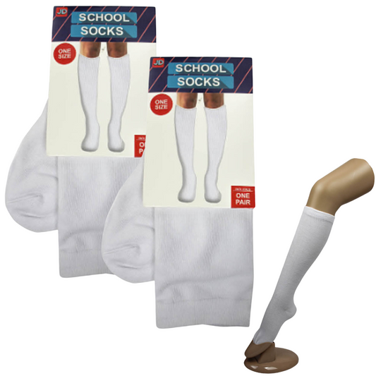 2 Pairs SCHOOL SOCKS Plain Ribbed Knee High Cotton Girls Boys Unisex Kid - White - One Size Fits Most.