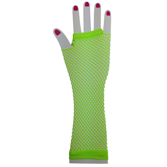 Long Elbow Length Fishnet Gloves Fingerless 70s 80s Womens Costume Party Dance in Fluro Green