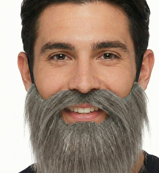 PARTY BEARD Moustache Costume Fancy Dress Mustache Halloween Fake Facial Hair - Grey
