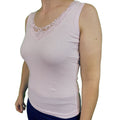 Ladies Sleeveless Singlet Top Womens Summer Basic Tank Shirt Lace Motif Front - Pink - 20-22