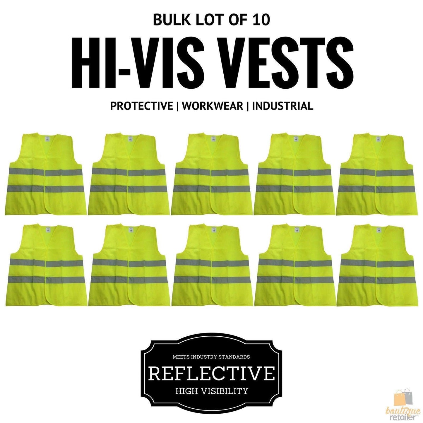 10x Hi Vis Safety Vest Reflective Tape Workwear Night & Day Bulk - Yellow - One Size.