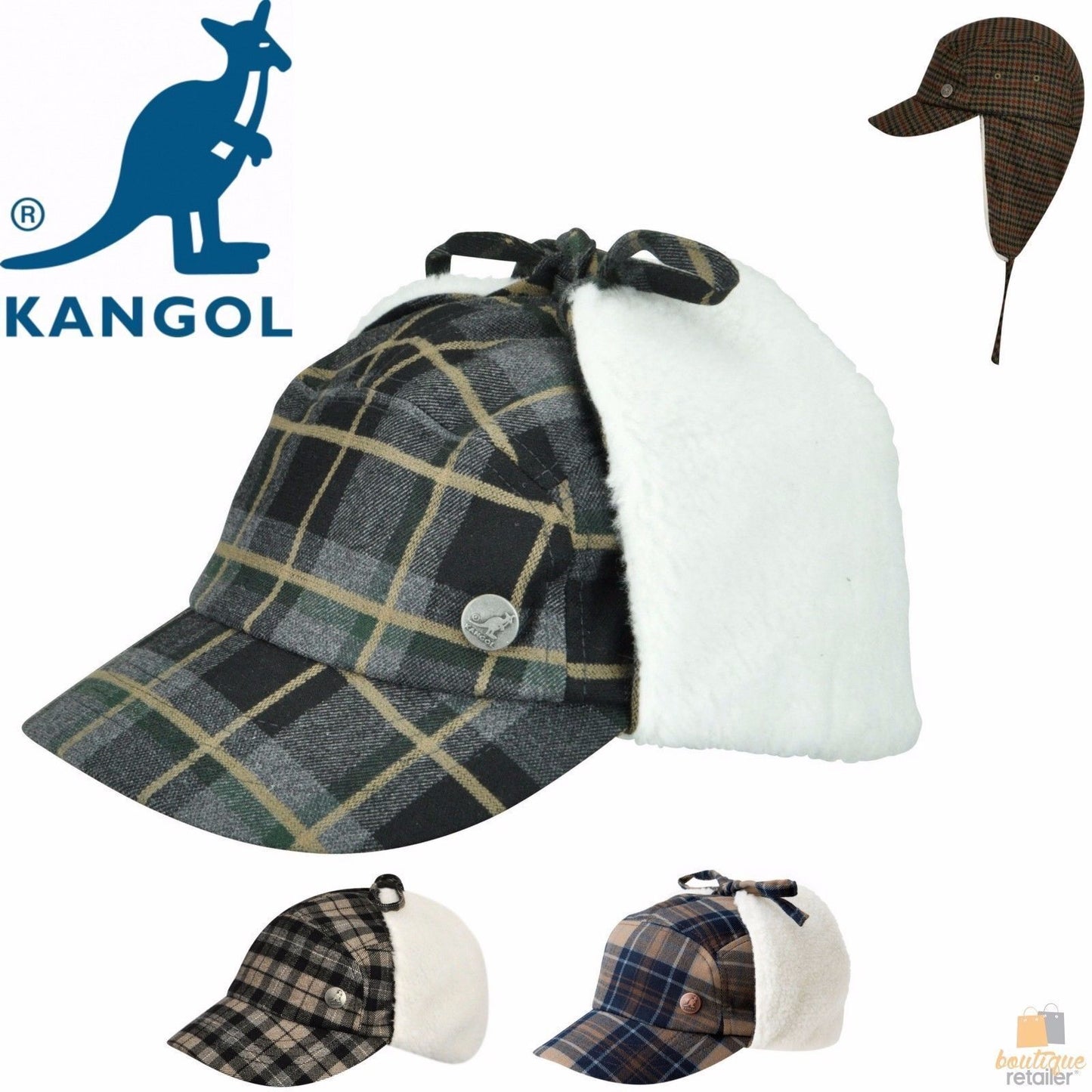KANGOL Plaid Supre Ushanka Sherpa Chullo Lined Hat Warm Winter Ear Trapper Flying - Navy/Khaki - S/M