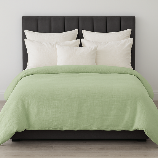 100% Cotton Muslin Duvet Quilt Cover Set w/ 2 Pillow Cases in Pastel Green - Super King