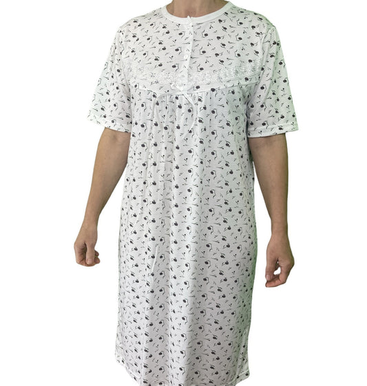 Womens Ladies Cotton Nightie Night Gown Slip Petticoat PJs Sleepwear Dress - White/Purple - 16