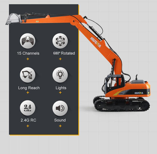 HUINA 1/14 15CH RC Alloy Long Arm Excavator Construction Engineering Vehicle Toy.