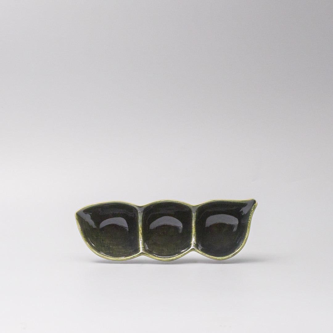 Edamame Triple Pod Dish 20cm Oribe Green Glaze.
