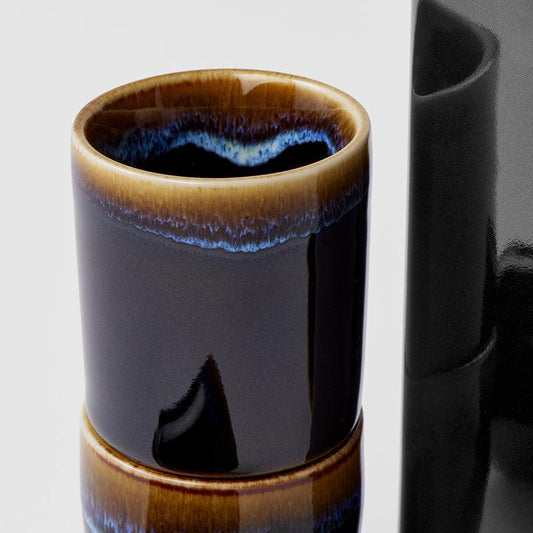 Sake Set 5pcs Tenmokku With Bright Blue Glaze.