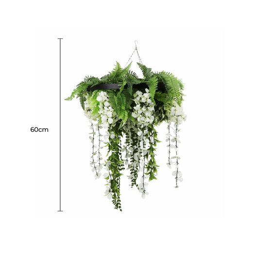 Black Framed Roof Hanging Disc With Draping Life-Like Wisteria Flowers UV Resistant 60cm.