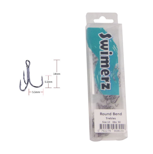 Swimerz Round Bend Trebles Size 10, 50 pack.