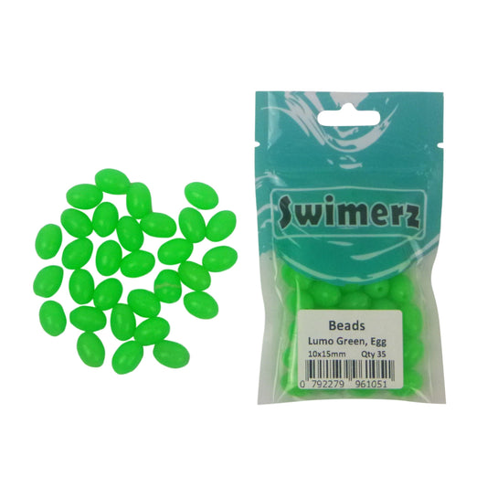 Swimerz Beads, 6.4mmWx8.3mmL, Lumo Green Egg, 50 pack.