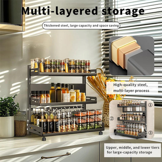 3-Tier Large Kitchen Spice Rack Anti-Rust Organizer Shelf, Height Adjustable Storage Rack AU.