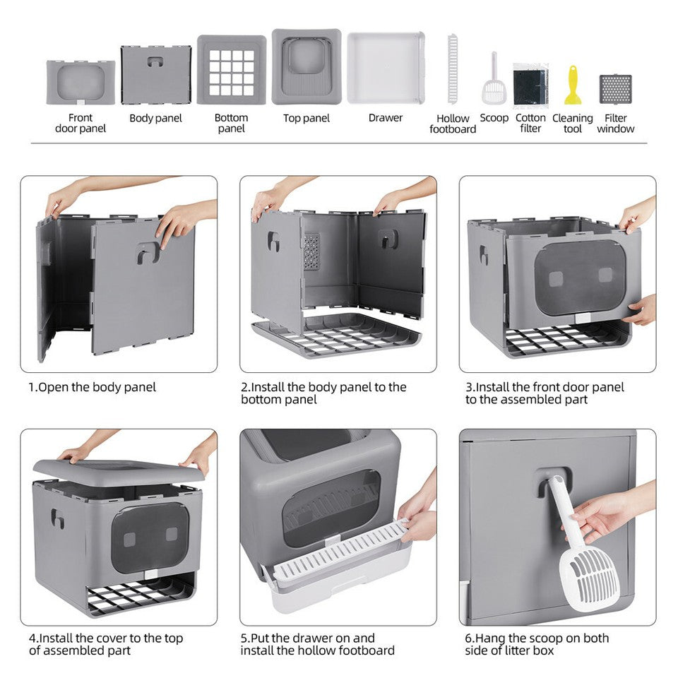 Foldable Fully Enclosed Hooded Cat Litter Box Self-Cleaning Kitty Toilet w Tray