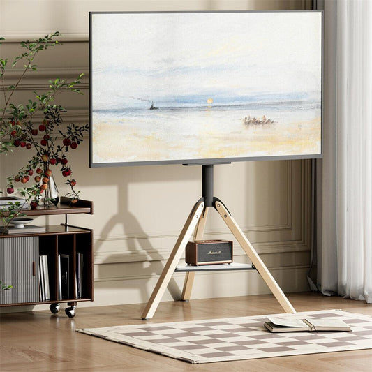 FIN 32-75 Inch Swivel Tripod TV Stand Stable Wooden Legs TV Mount with Marble Shelf.