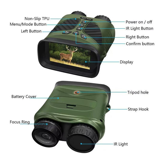 Green Digital Night Vision Binoculars - 3.0'' IPS Screen, 10X Optical Zoom, 2.5K Video Recording, Infrared for 300m Range.