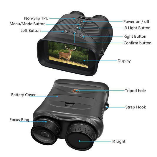 Black Digital Night Vision Binoculars - 3.0'' IPS Screen, 10X Optical Zoom, 2.5K Video Recording, Infrared for 300m Range.
