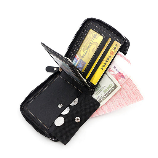Black Men's Leather Wallet with Zipper and Horse Embossed Design - Compact and Stylish