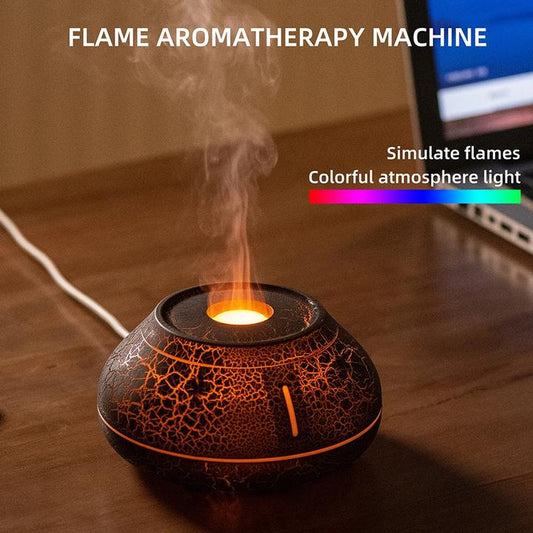 Flame Mountain Aroma Diffuser - 7-Color LED Light, 130ml Capacity, Ultrasonic Mist Maker for Home or Office, Cracked Black.