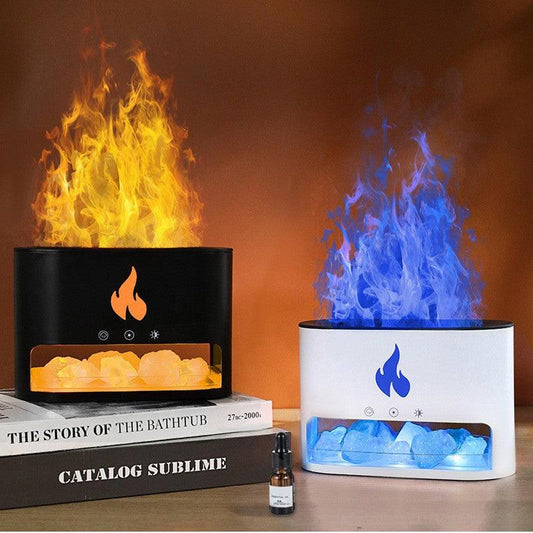 White Himalayan Salt Flame Aroma Diffuser - 250ml Ultrasonic Humidifier with 7-Color LED Light for Relaxation and Decor.