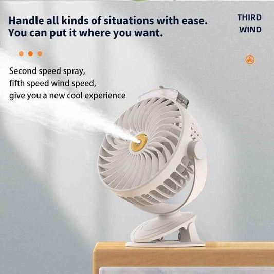 Blue Portable Clip-On Mist Fan - Rechargeable Cooling Fan with Adjustable Spray Modes.