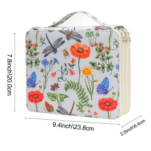 White Floral Design Portable Zippered Pencil Case - 3-Layer Large Capacity Organizer for Stationery & Art Supplies.