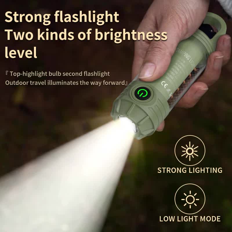 2 PCS Khaki Portable Outdoor Camping Light with 6 Modes & Keychain Hook - Multi-Source Mini Flashlight, IPX4 Waterproof.
