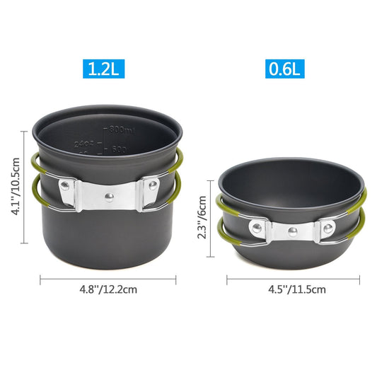 Complete Camping Cookware Set - Portable Pots, Cup, Spork, and Stove for Outdoor Adventures.