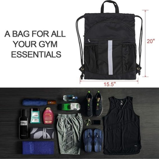Black Multi-Pocket Drawstring Backpack Gym Bag with Zipper Compartments, Bottle Holders & Reflective Strip
