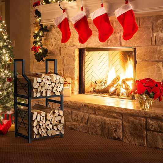 Heavy Duty 2-Tier Firewood Rack - Vertical Log Holder for Indoor Fireplace and Outdoor Fire Pit - Modern Metal Wood Storage Organizer for Camping, Patio, and Living Room.