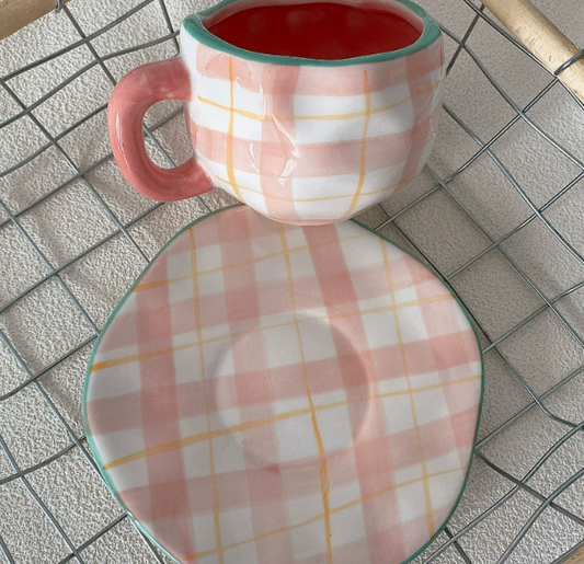 White Background Little Heart 300ML Underglaze Hand-Pinched Cup and Saucer Set - Ceramic Coffee Mug Milk Cup Breakfast Set.