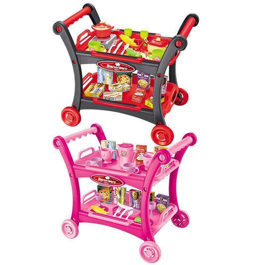 Red Children's Pretend Play Kitchen Cart Set with Toys - Roleplay Cooking Set with Accessories - Educational Toy for Kids.
