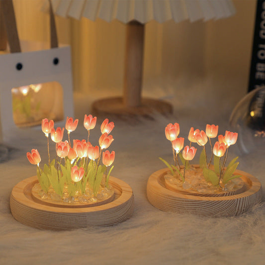 (Ten Pink Tulips) Glowing Tulip Dome Lamp - Wooden Base, Bedside Table Decoration