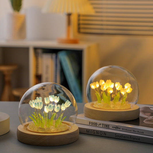 (Thirteen Blue Tulips) Glowing Tulip Dome Lamp - Wooden Base, Bedside Table Decoration