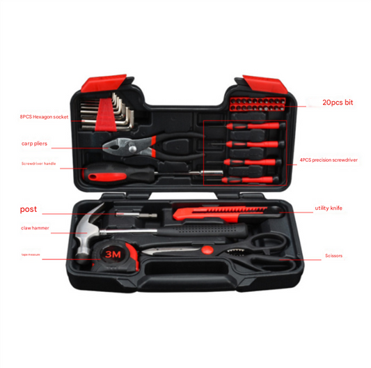39-Piece Home Tool Kit - Red Carbon Steel Hardware Set.