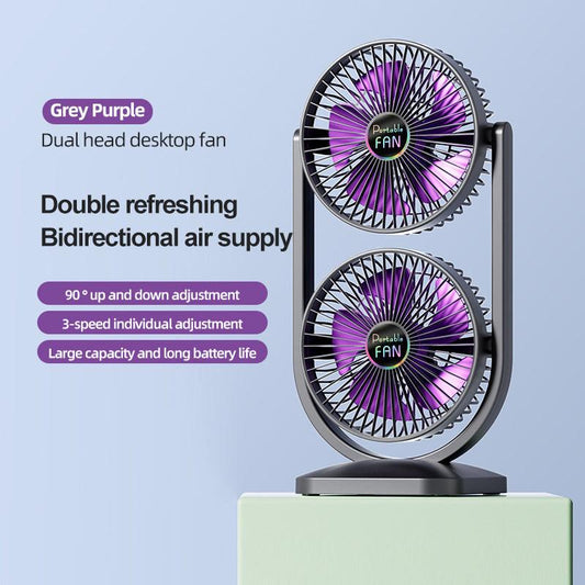 Purple Dual Head USB Rechargeable Desk Fan - Portable Double Air Circulator.