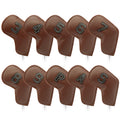 Brown Golf Iron Head Covers Set of 10 - Waterproof PU Leather Club Protectors with Embroidered Numbers (3-9, P, A, S).