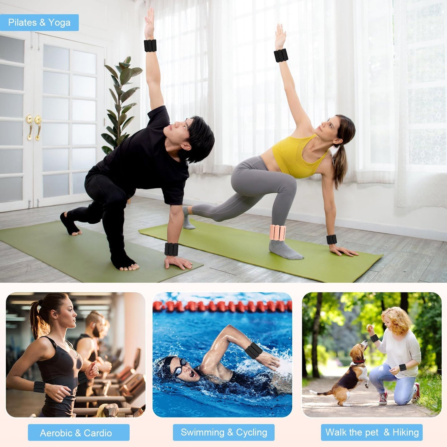Grey Adjustable Silicone Wrist & Ankle Weights - 2lb Pair (900g) | Comfortable Fitness Resistance Bands for Workout, Running, Training.