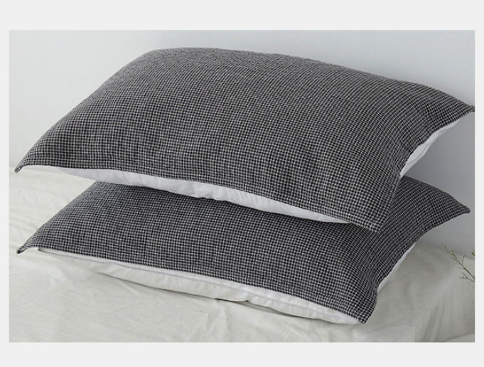 Dark Blue Breathable 4-Layer Cotton Gauze Pillow Towel Pair - Japanese Style Grid (52x75cm)