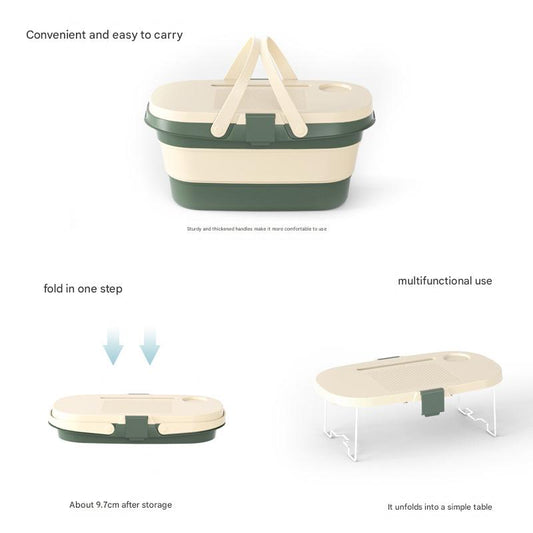 Foldable Picnic Basket with Tray - 16.5L Capacity, White Gray, Perfect for Camping and Outdoor Gatherings.