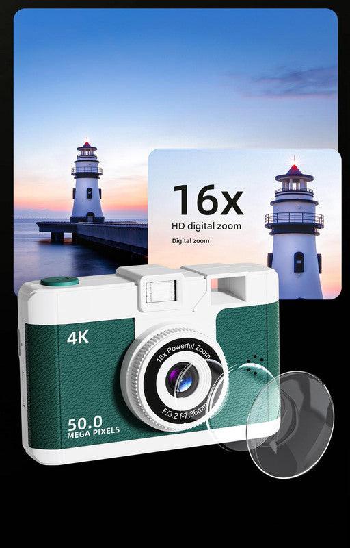 Compact 4K Digital Camera - 50MP, 16x Zoom, 2.4-inch IPS Screen, WiFi & Fill Light - Retro CCD Style(White).