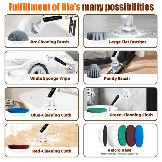 Electric Spin Scrubber with Adjustable Extension Handle & 8 Brush Heads - Smart LED Display