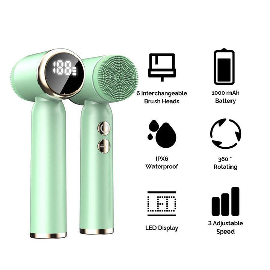 Purple 6-in-1 Electric Facial Cleansing Brush Set - Rechargeable & Waterproof.