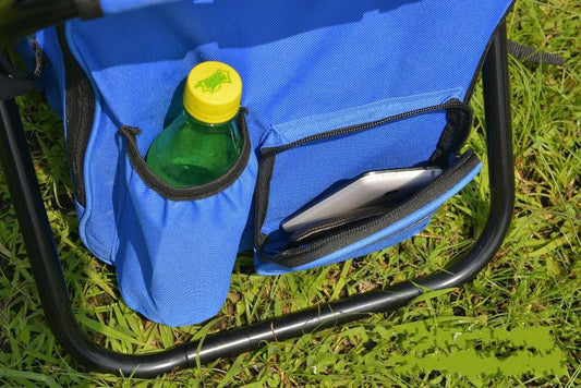 Blue Insulated Cooler Backpack Chair - Foldable Stool for Picnics & BBQ.