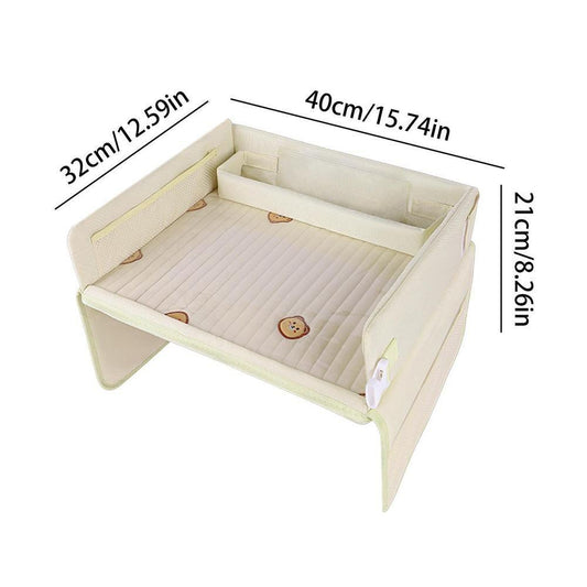 Kids Car Seat Travel Tray - Waterproof Lap Desk with Storage Pockets (Beige Bear - Square).
