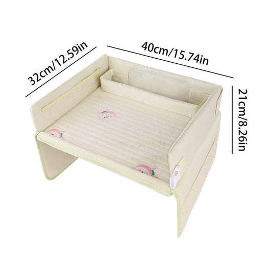 Kids Car Seat Travel Tray - Waterproof Lap Desk with Storage Pockets (Beige bunny - Round).