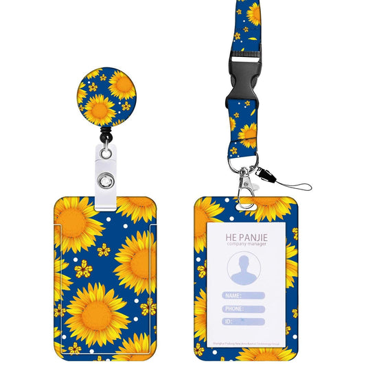 2-pcs Retractable ID Badge Reel Lanyard Set with Vertical Hard Plastic Card Holder - Blue Yellow Floral (Style 1).