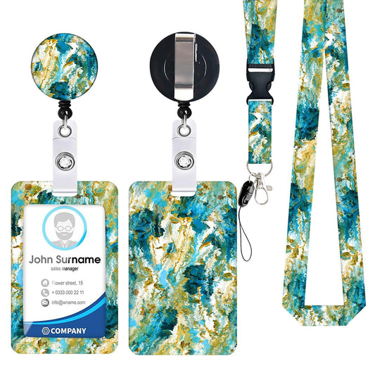 2-pcs Retractable ID Badge Reel Lanyard Set with Vertical Hard Plastic Card Holder - Blue rock patterns (Style 3).