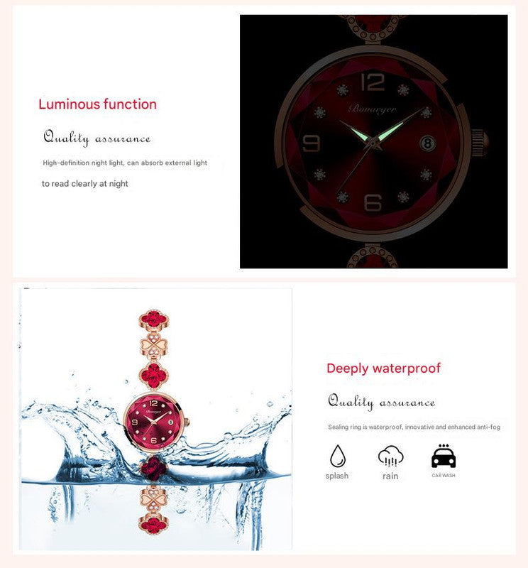 Green Women's Four-Leaf Clover Quartz Watch with Red Dial and Crystal Accents